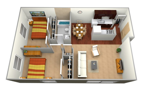 Floor plan for 2 beds, 1 bath, 860 sqft